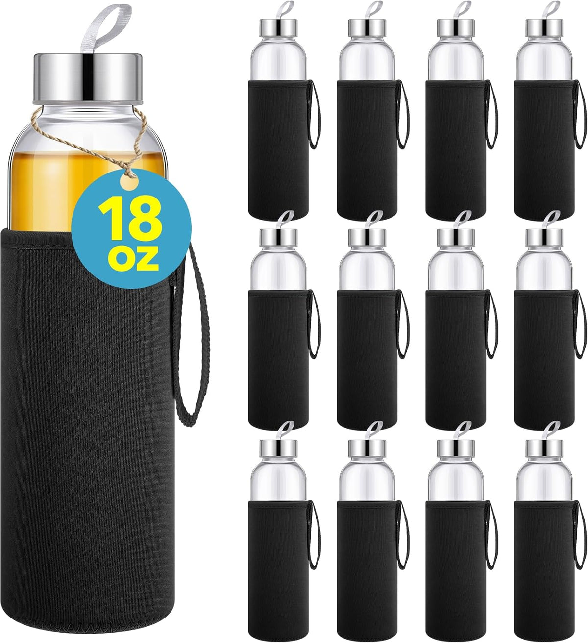 Vesici 12 Set 18 oz Clear Glass Water Bottles, Reusable Glass Juicing Bottles with Protection Sleeve and Stainless Steel Leak Proof Lids for Milk Smoothie Juice Beverage Tea (Black,Stylish)
