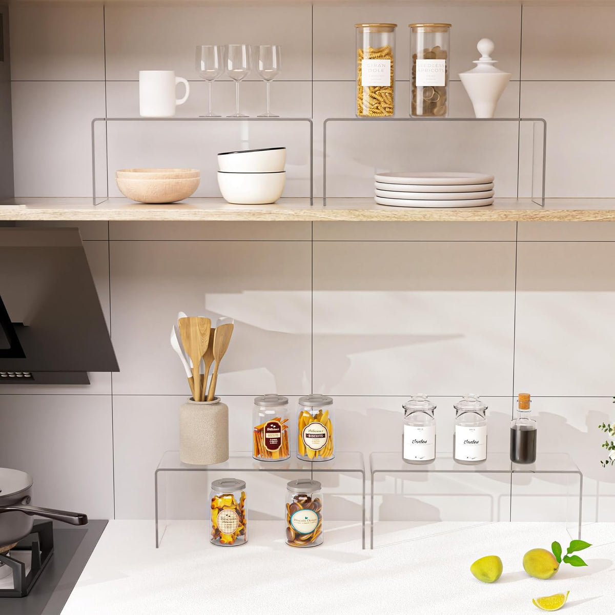 4 Packs Cabinet Organizer Shelf, Acrylic Kitchen Counter Shelves Organizer, Spice Rack for Dishes, Spices, Soda Cans and Bottles（12.4 x 4 x 4.6 inch）
