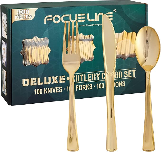 FOCUSLINE 300 Count Gold Plastic Silverware Set - 100 Forks, 100 Knives, 100 Spoons - Heavy Duty Plastic Cutlery Set Disposable Flatware for Catering, Parties, Dinners, Weddings