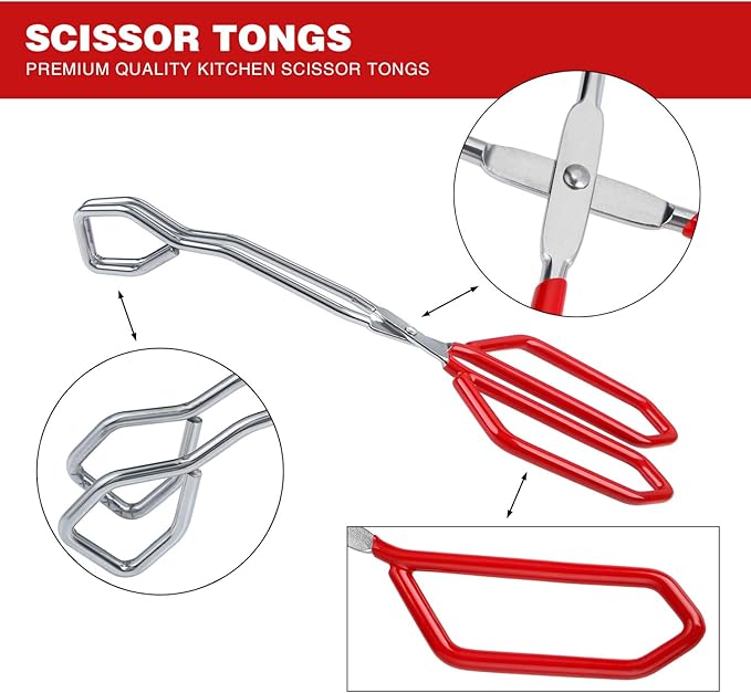 MSY BIGSUNNY Stainless Steel Scissor Tongs Heavy Duty Cooking Tongs with Soft Handles (1, red 11")