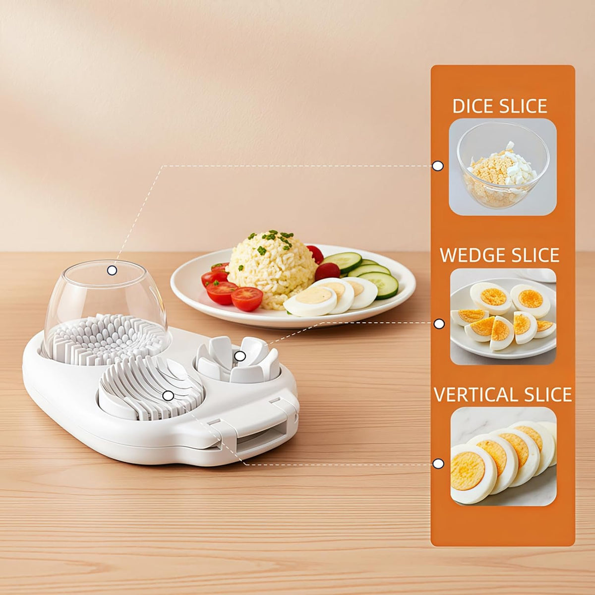 3 in 1 Egg Slicer Dicer & Cuber for Hard Boiled Eggs - Heavy Duty Stainless Steel, 3 Slice Modes Kitchen Gadget for Strawberry, Grape, Cherry Tomato - Easy to Clean, Dishwasher Safe (White)