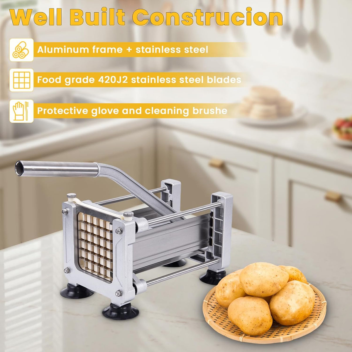 Heavy Duty French Fry Cutter with 3 Stainless Steel Blades (1/4" 3/8" 1/2") - Manual Metal Potato Slicer for Vegetable, Sweet Potatoes, Onions
