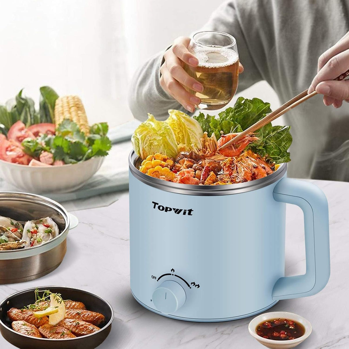 Topwit Hot Pot Electric, Electric Pot, 1.6L Ramen Cooker, Multifunctional Cooker for Pasta, Shabu-Shabu, Oatmeal, Soup and Egg with Over-Heating Protection, Boil Dry Protection, Blue