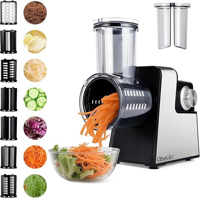 Upgraded 300W Electric Cheese Grater with 7 Stainless Steel Blades, Cheese Shredder Electric for Slicing, Shredding & Grinding Vegetables, Fruits and Nuts,Easy One-Touch Control