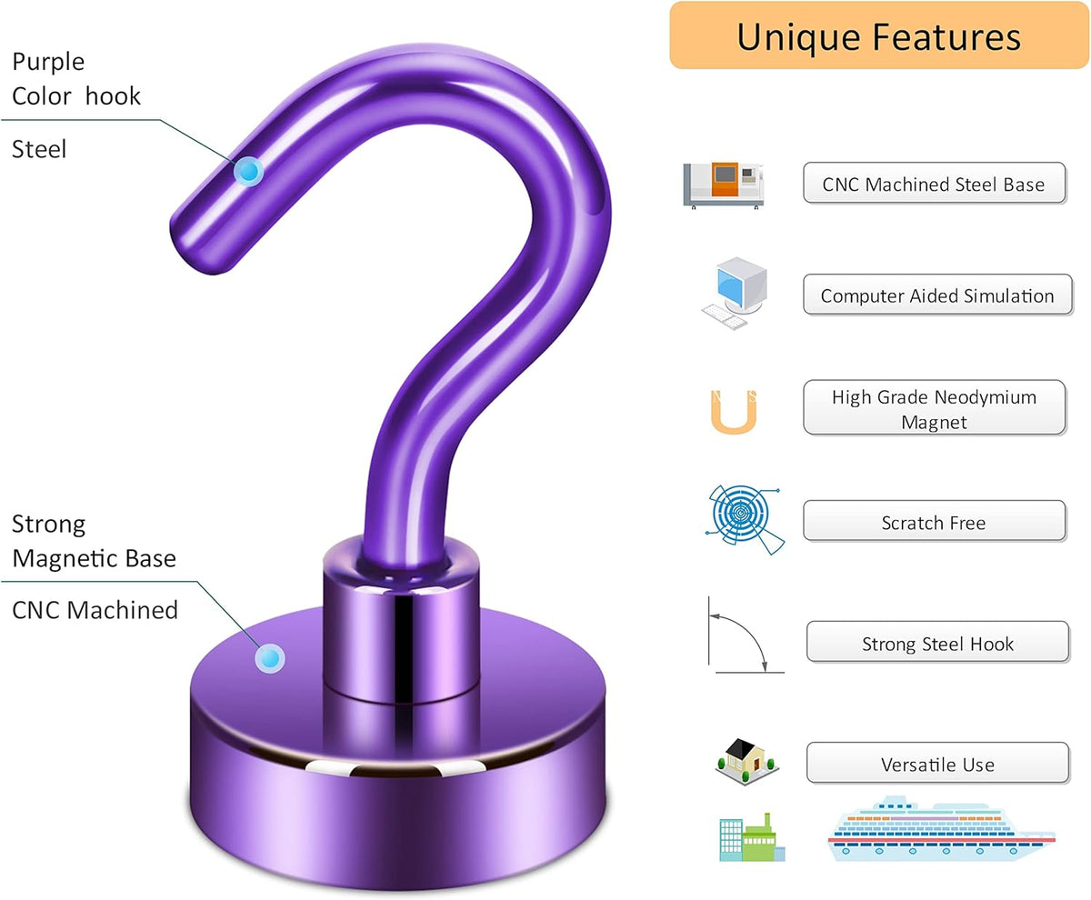 Neosmuk Magnetic Hooks,30lb+ Heavy Duty Earth Magnets with Hook for Refrigerator, Extra Strong Cruise Hook for Hanging, Magnetic Hanger for Cabins, Grill (Purple, Pack of 10)