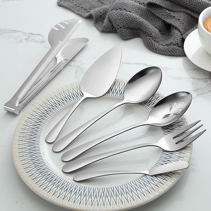 Pleafind 18-Piece Stainless Steel Utensil Set - Serving Spoons, Slotted Spoons, Forks, Tongs, Pie Server, Butter Knife for Parties & Banquets
