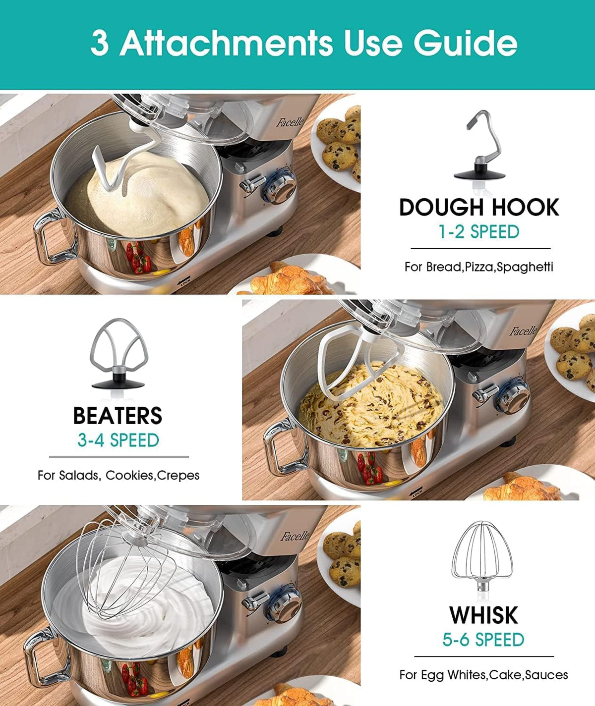 Facelle Stand Mixer, Electric Kitchen Mixer, 6 Speed Tilt-Head Stand Mixer with Pulse, Attachments include 6.5QT Bowl, Dishwasher Safe Beater, Dough Hook, Whisk for Dough, Baking,Cakes, Cookie -Silver
