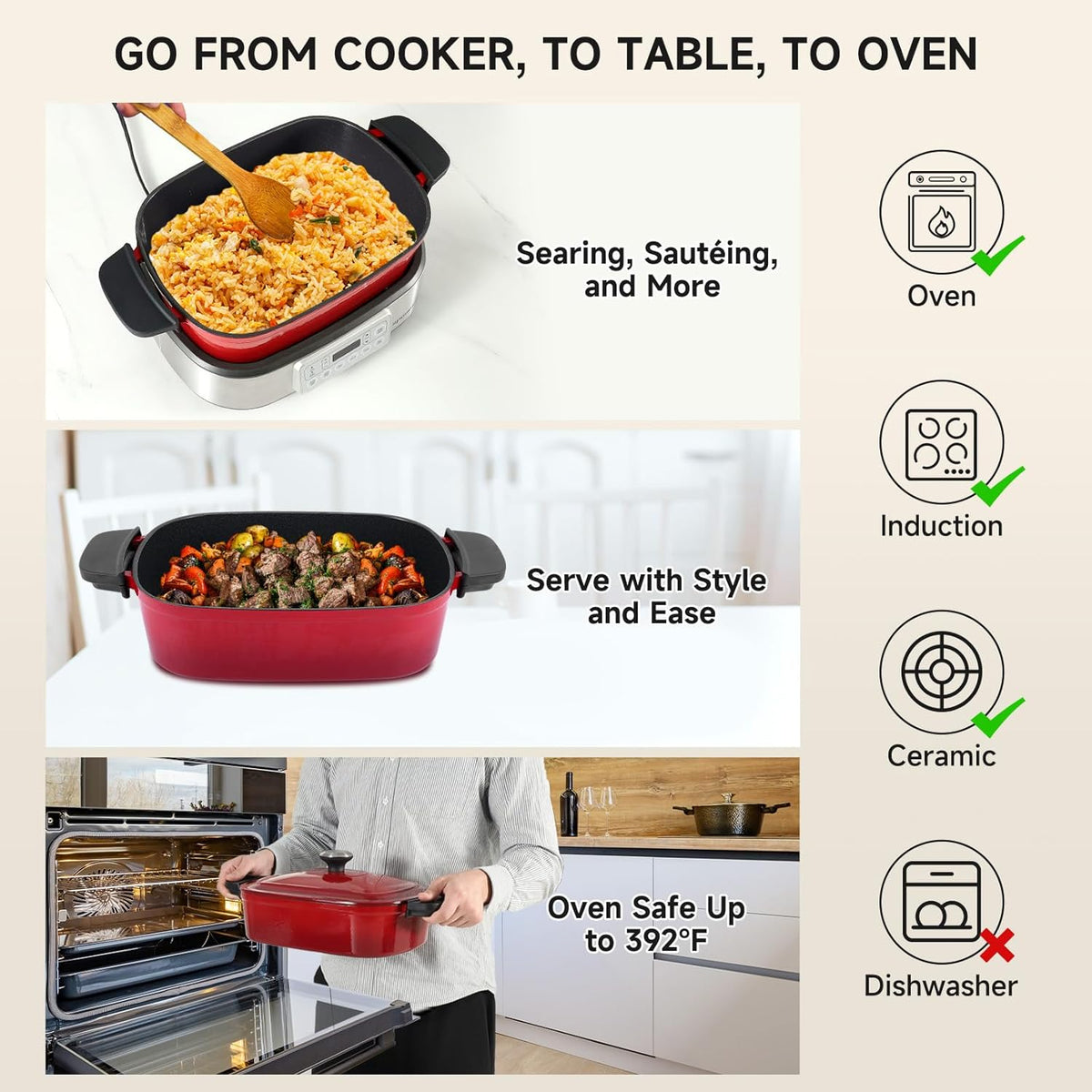 Electric Dutch Oven Multi-Cooker 6-in-1, 5.8QT Enameled Cast Iron Pot - Oven Safe Pot to 392℉, 1250W Fast Heating, 6 Preset Functions- Slow Cook, Sauté, Sear, Steam, Fast Cook, Keep Warm
