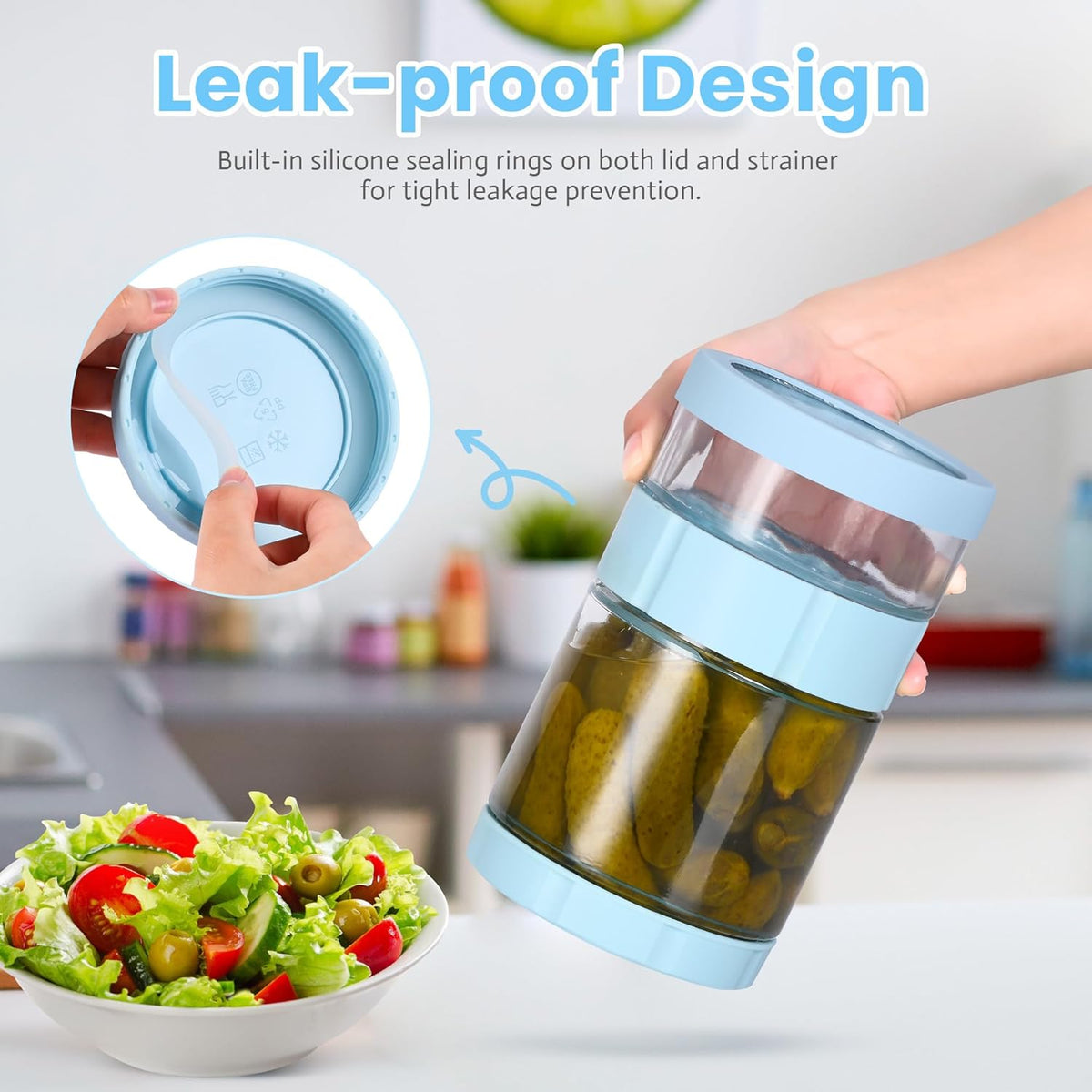 Glass Pickle Jar with Strainer Flip, 56oz Airtight Pickle Container, Leak-proof Juice Separator Pickle Flip Jar with Sealing Silicone Ring for Olive, Sliced Pickle and Jalapeno, Dishwasher Safe