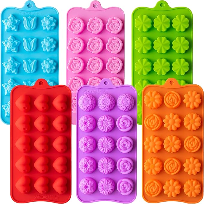6 Pack Flower Shape Chocolate Candy Molds Silicone, Food-Grade Non-Stick Jelly & Baking Molds, Crayon Molds, BPA-Free, Including Heart, Rose, Tulip, Daisy, Sunflower, and Other Flowers (Multicolor)