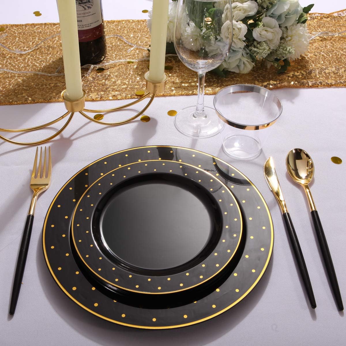 I00000 102Pcs Plastic Black Gold plates, New Year Black Plastic Plates Including 51 Dinner Plates 10.25" and 51 Salad Plates 7.5" with Gold Dots, Premium Gold Disposable Plates for Party & New Year
