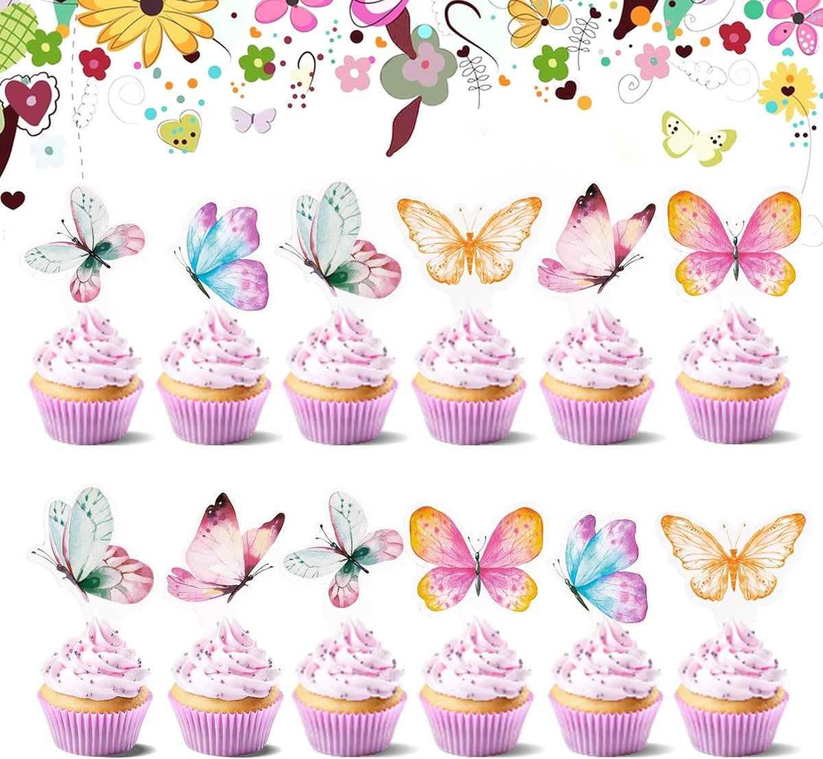 12PCS Butterfly Cupcake Toppers Birthday Decorations Premium Colorful Cake Decoration for Girls Birthday Party Theme Baby Shower Supplies