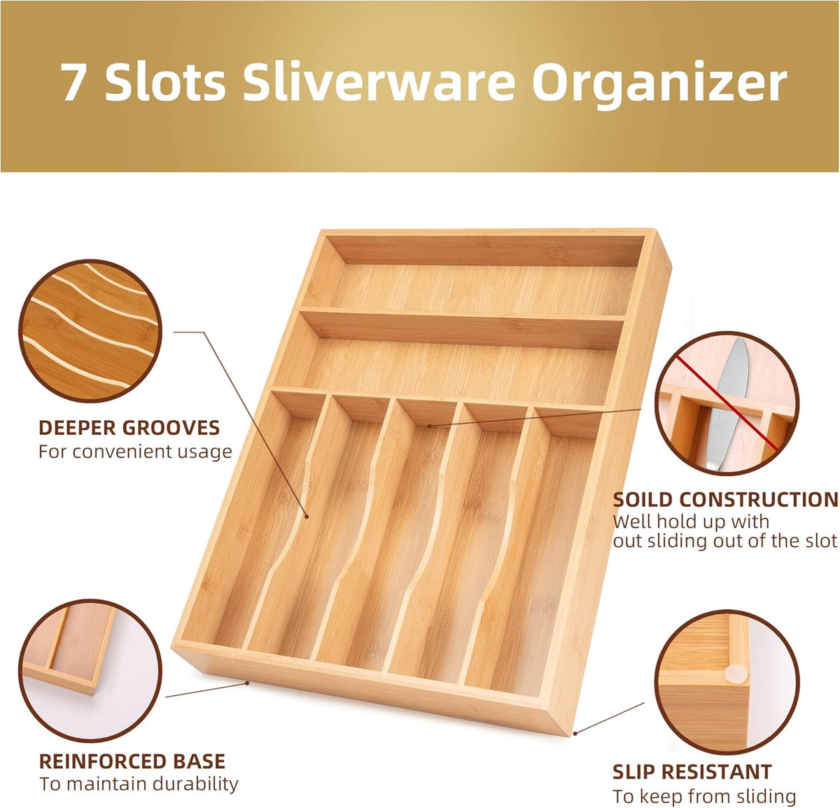 Silverware Organizer Kitchen Drawer Organizer Utensil Organizer Bamboo Silverware Holder Cutlery Organizer in Drawer Flatware Organizer Tray(7 slots, Natural