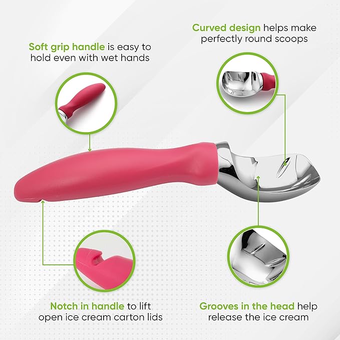 Spring Chef Pink Heavy Duty Ice Cream Scoop with Soft Grip Handle, Professional Ice Cream Scooper, Metal Icecream Spoon for Cookie Dough, Frozen Yogurt, Gelato, Melon - Dishwasher Safe Kitchen Tool