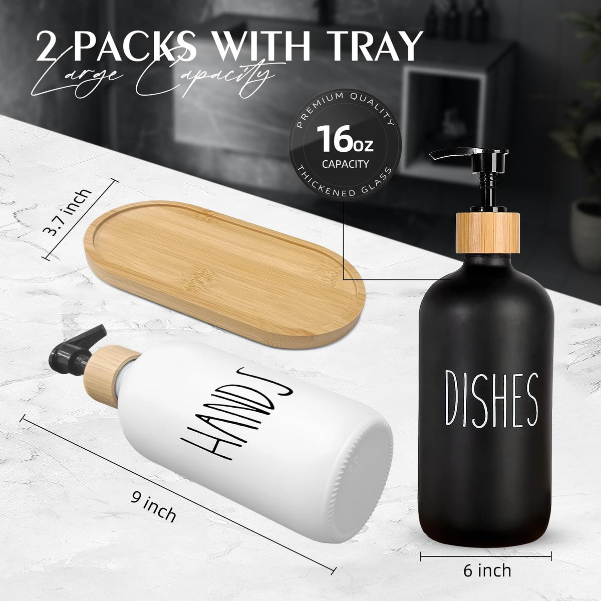 Arktek Glass Soap Dispenser Set with Tray, 2 Pack Hand and Dish Soap Dispenser Set for Bathroom and Kitchen Bottle Dispenser with Dish Soap, Hand Soap, Lotion 17 Oz (Black & White)