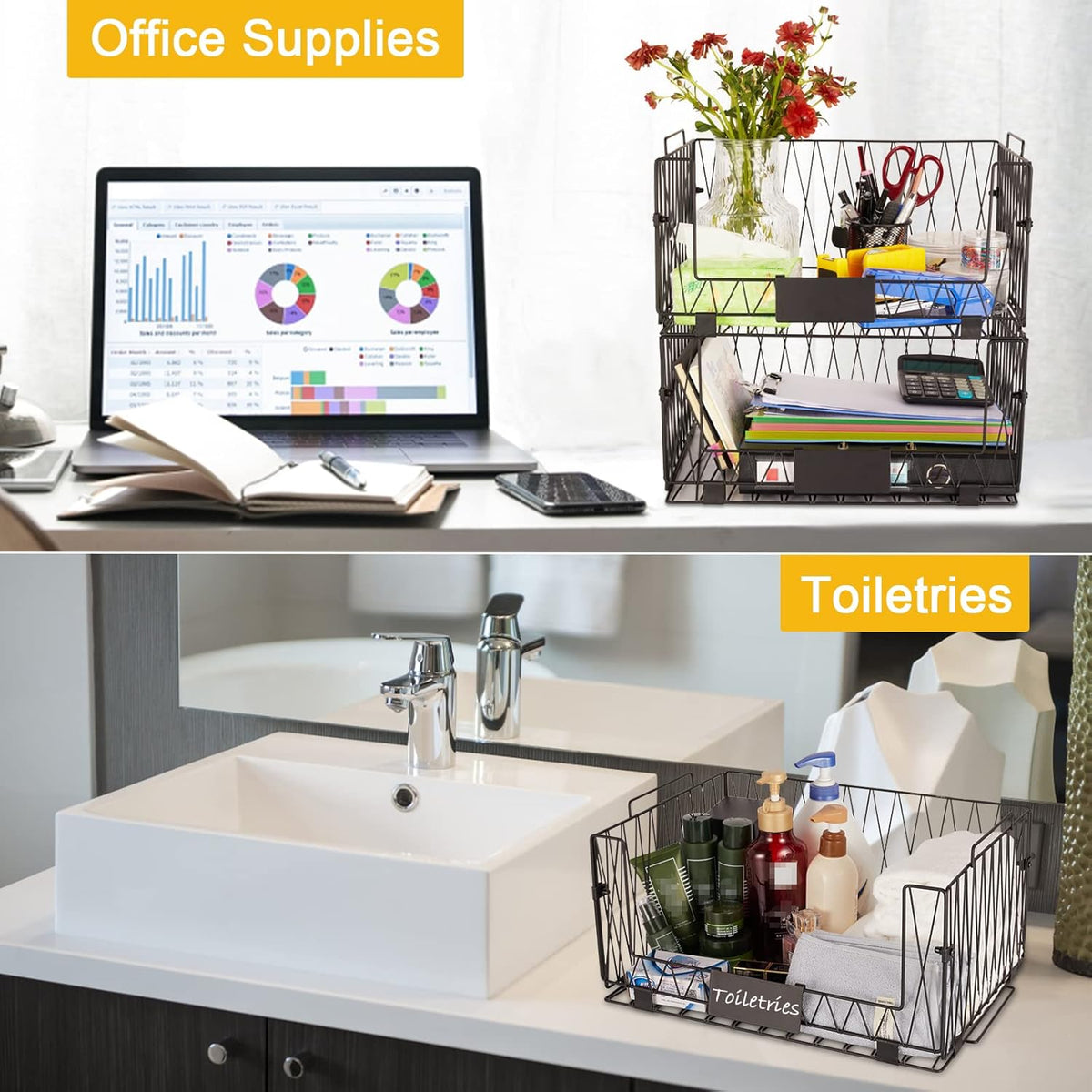 2 PACKS XXL Kitchen Organization and Storage Pantry Baskets, Fruit & Vegetable Basket for Kitchen Cabinet, Stackable Wire Metal Baskets for Snack Chips Onion Potato Cans