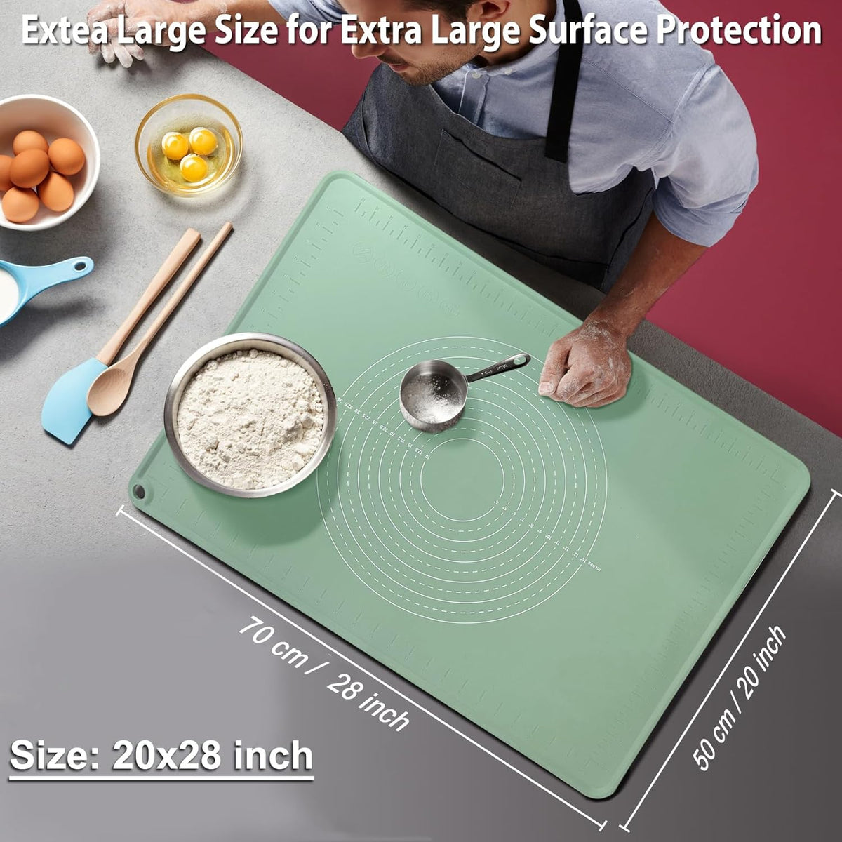 Silicone Pastry Mat 28" x 20" Extra Thick Dough Rolling Mat with Measurements and Edge Heightening, Non-stick Food Grade Silicone Baking Mats for Pastry, Bread, Cookies, Pizza, Fondant, Pasta