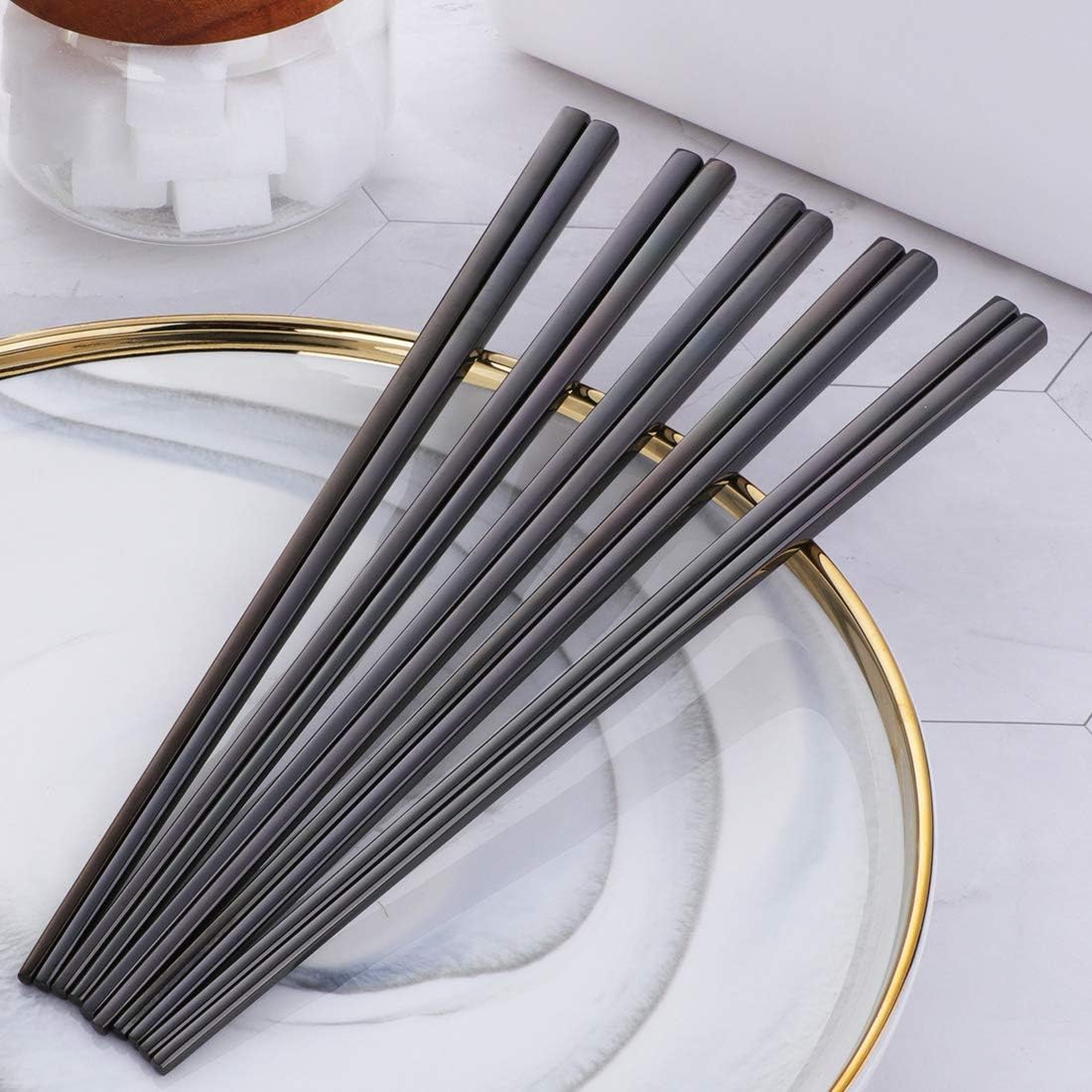 Buyer Star 5-Pair Stainless Steel Black Metal Reusable Chinese Square Chopsticks