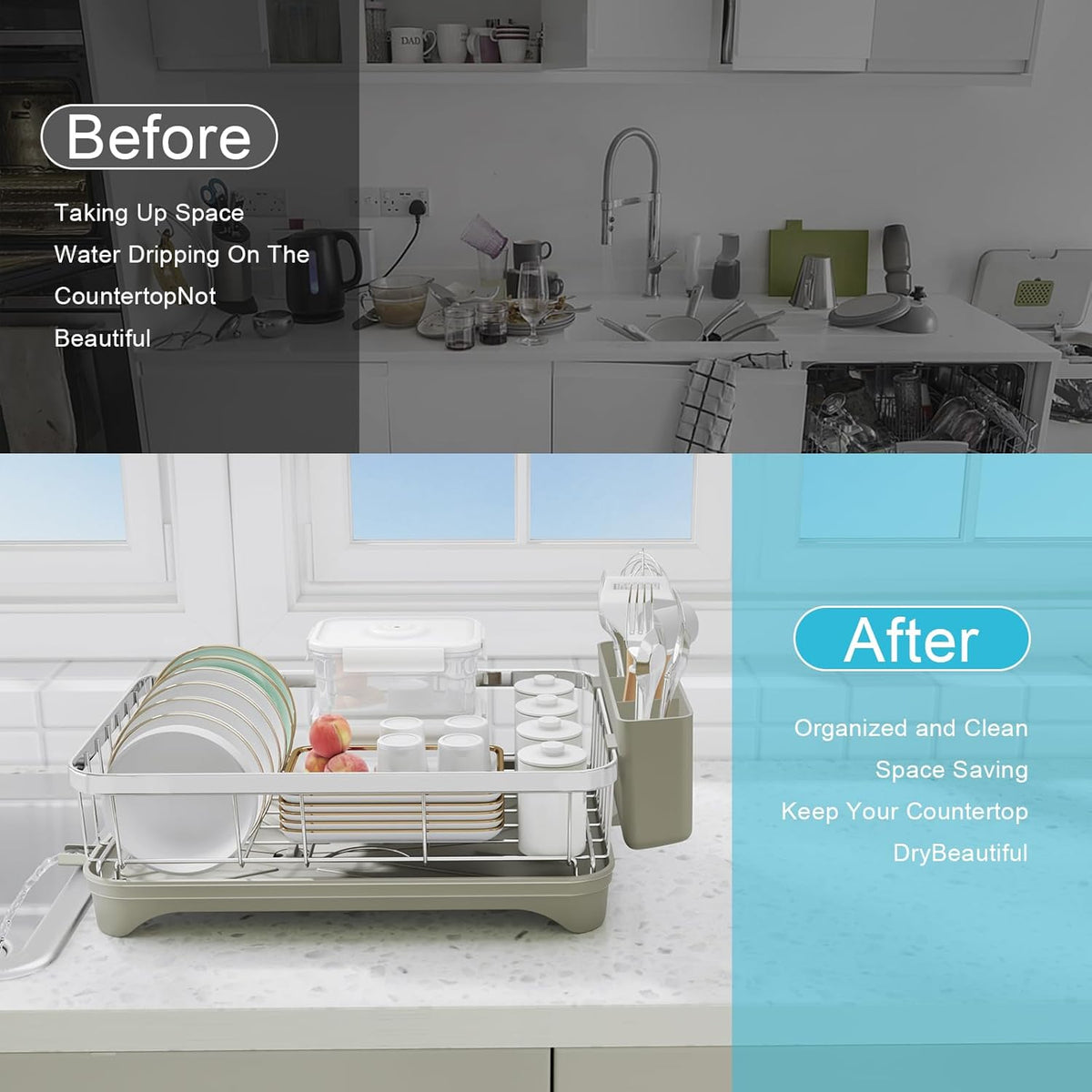 Dish Drying Rack - 304 Stainless Steel Dish Rack, Adjustable Spout Auto-Draining Dish Drainers for Kitchen Counter, Large Capacity for Bowls, Cups, Dish Drainer with Drainboard Grey
