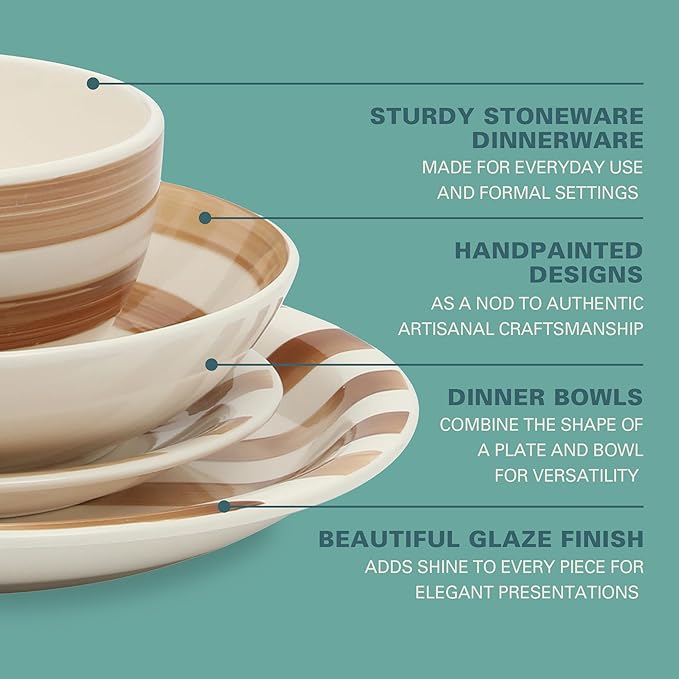 Gibson Home Kenwood Shores 16 Piece Dinnerware Set, Brown Striped, Stoneware, Hand-Painted Plates and Bowls, Service for 4, Microwave & Dishwasher Safe