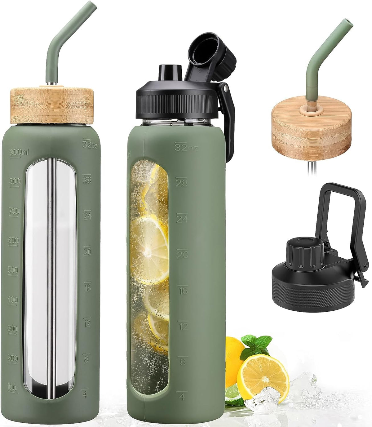 32oz Glass Water Bottle with Straw and 2 Lids- Bamboo Straw and Spout Lid with Phone Holder for Gym, Glass Drinking Bottles with Silicone Sleeve and Motivational Time Marker, Olive