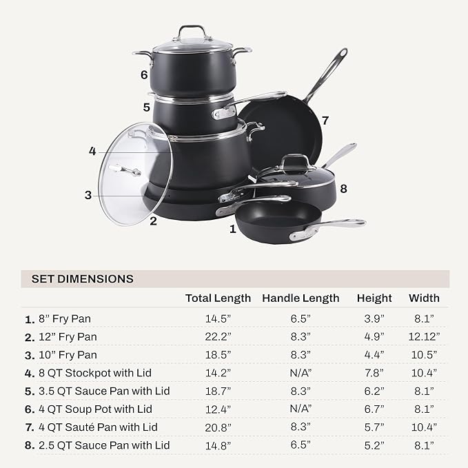 All-Clad HA1 Hard Anodized Nonstick Cookware Set 13 Piece Induction Oven Broiler Safe 500F, Lid Safe 350F Pots and Pans Black