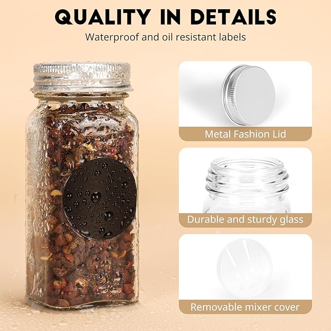 6Pcs Spice Jars with Label, 4oz Empty Square Seasoning Containers, Spice Jars with Shaker Lids, Small Spice Bottles for Salt, Herbs, Sugar, Pepper, Seasoning Jars for Spice Rack, Cabinet, or Drawer