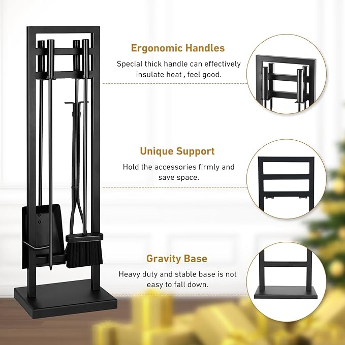 FEED GARDEN Fireplace Tools Set 5 Pieces, 30 Inch Modern Wrought Iron Outdoor Fireplace Accessories Set Long Holder Indoor with Poker, Tongs, Shovel, Brush, Base Black