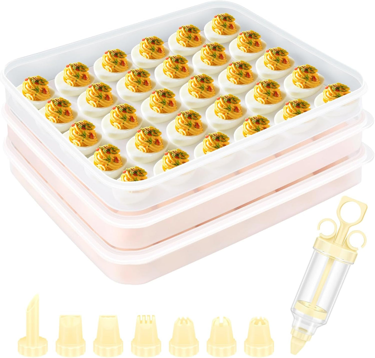 3 Pack 90-Count Deviled Egg Containers with Lid & 8 Pcs Deviled Egg Piping Tool, Transparent Deviled Egg Tray – Stackable Racks for Refrigerators, Suitable for Parties, Easter, Travel
