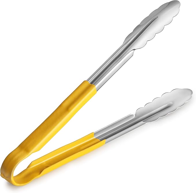 New Star Foodservice 35780 12-Inch Utility Spring Tongs, Stainless Steel, Vinyl Coated, Set of 12, Yellow