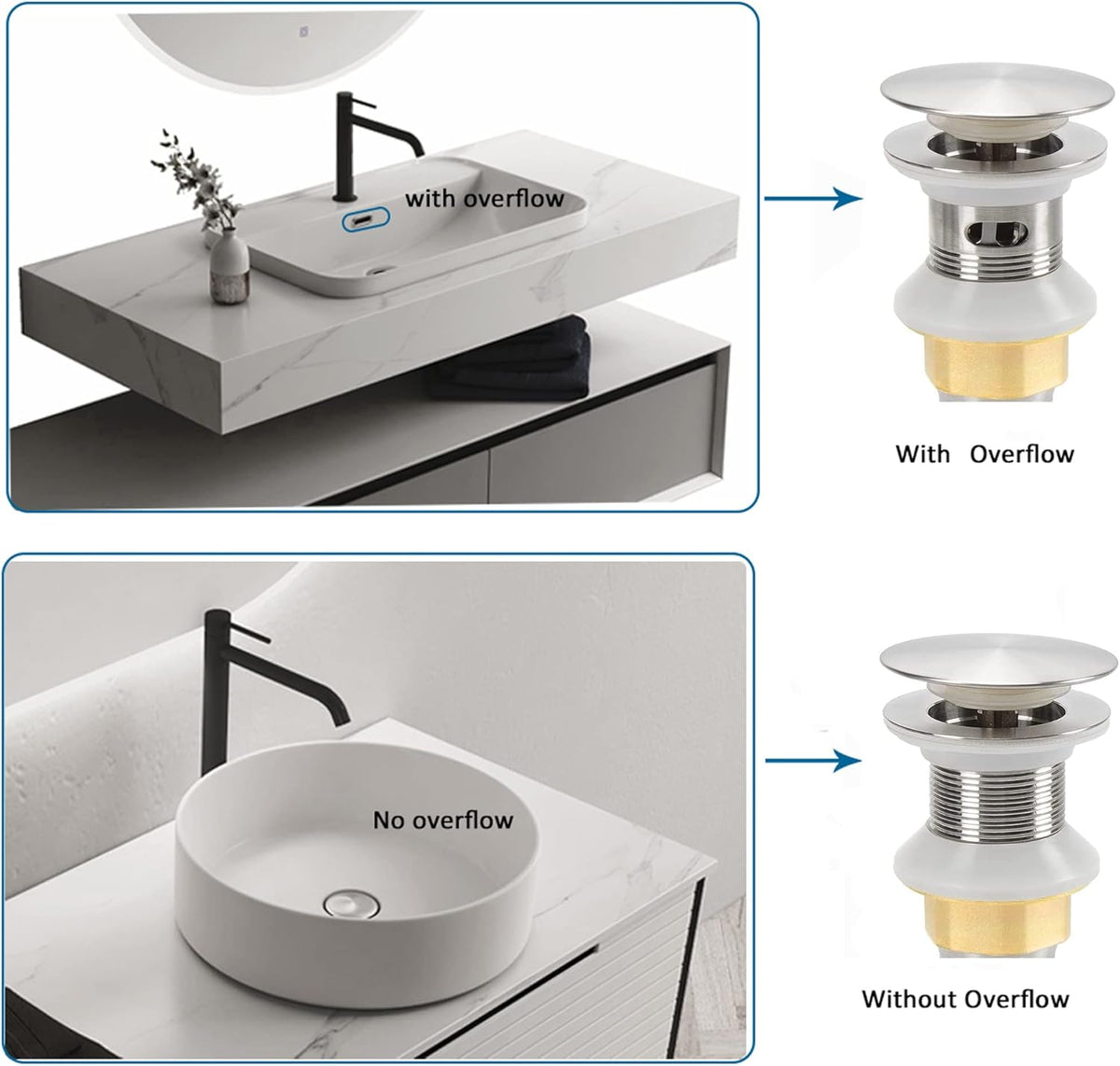 Bathroom Sink Drain,Drain Stopper Bathroom Sink Without Overflow,Pop Up Drain Assembly with Detachable Strainer Basket,Built-in Anti-Clogging Strainer,Stainless Steel Brushed Nickel