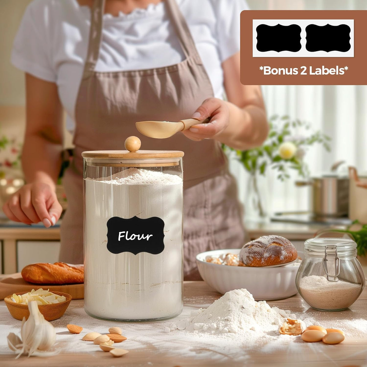 ComSaf 1 Gallon 2PCS flour sugar storage containers, Large Cookie Jar with lid, Glass Canisters with Lids, 128 OZ Food Storage Pantry Container with Spoon and Clip for Pasta, Oat, Baking Supplies