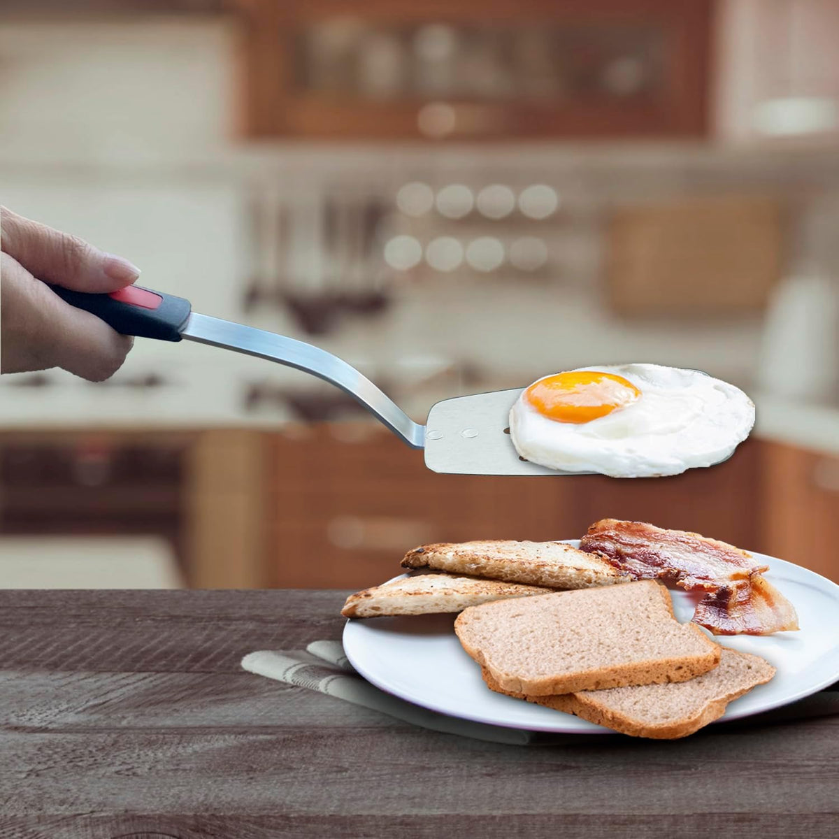 Stainless Steel Flexible Spatula Slotted Turner, XiaoZu Thin Metal Spatula for Cast Iron Skillet, Thin Blade and Heat Resistant Silicone Handle, Great for Egg, Cookie, Meat, Crep, Medium + Large