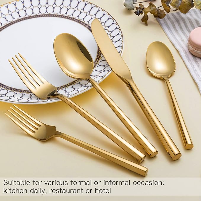 Silverware Set Flatware Set Shiny Gold Cutlery Set with Hexagon Handle Forged Stainless Steel Heavy 20 Pieces For Home Hotel Use Service for 4