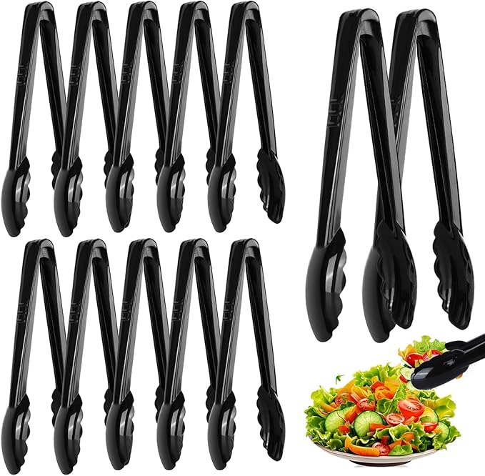 12 Pc Serving Tongs 9 Inch Bulk Reusable or Disposable Plastic Tongs Heavy Duty Hard Plastic Serving Utensils Set Large Salad Tong for Kitchen Party Food Buffet Appetizer BBQ Event Catering(Black）