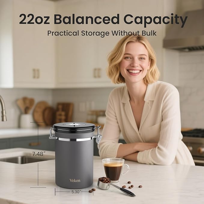 Veken Coffee Canister, Airtight Stainless Steel Kitchen Food Storage Container with Date Tracker and Scoop for Grounds Coffee, Beans, Tea, Flour, Cereal, Sugar, 22OZ, Gray