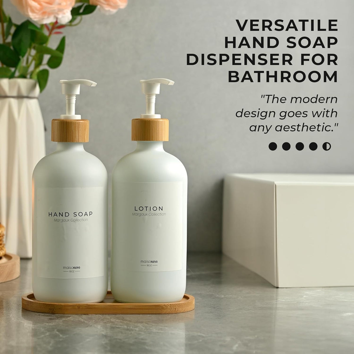 MaisoNovo Glass Soap Dispenser Bathroom Set | Hand Soap and Dish Soap Dispenser Set | 16.9oz White Bottles with White Bamboo Pump | Bathroom Lotion Dispenser with Pump Set of 2
