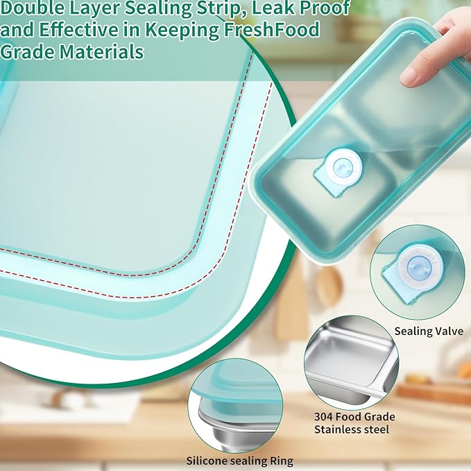3 Pack Leakproof Stainless Steel Snack Containers with Secure Sealed Lids, Reusable 2 Compartment Bento Boxes for Lunch Prep, Travel, School & Office Stainless Steel Lunch Box