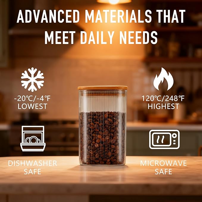 37oz Airtight Glass Square Storage Canisters with Bamboo Lids Set of 6 (1100ml) Striped Stackable Containers, Kitchen Jars for Pantry Noodles, Flour and Coffee beans (‎with Black Lable)