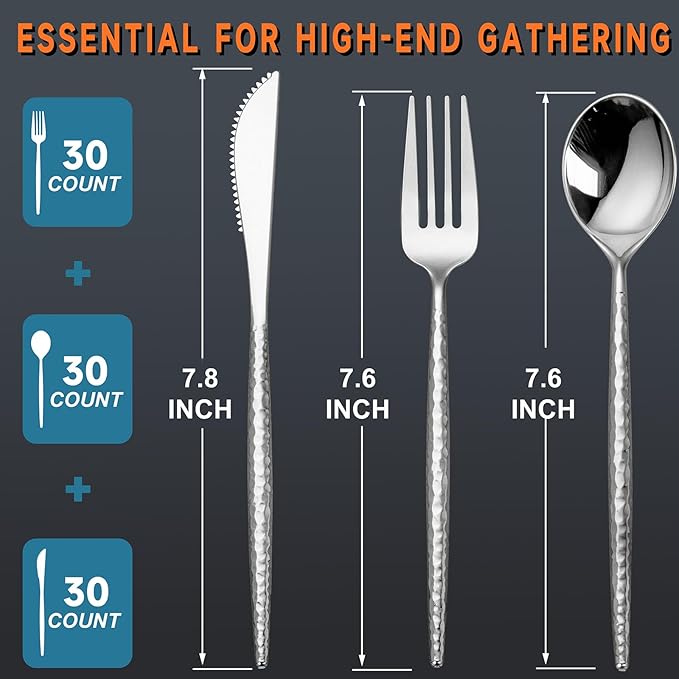 Rubtlamp 90Pcs Silver Plastic Silverware, Hammered Thanksgiving Disposable Silverware,Silver Plastic Forks And Spoons, Fancy Plastic Cultery Include 30 Forks, 30 Knives And 30 Spoons for Thanksgiving