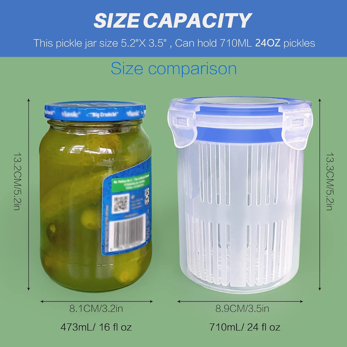 Pickle Jar 24oz 2Pack Pickle container with strainer Pickle Holder Keeper Lifter, pickle storage container pickle strainer, Flip Jar with Leak Proof and Lock It Lid
