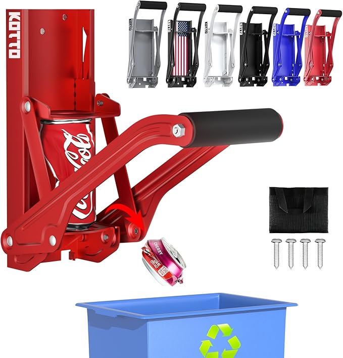 Kotto Can Crusher - Wall Mounted Can Crushers for Recycling - with Auto-Drop System -Built-in Bottle Opener-Crushes 8-16oz Cans-Includes Kitchen Storage Bag-Heavy Duty Can Crusher for Home Use-Red