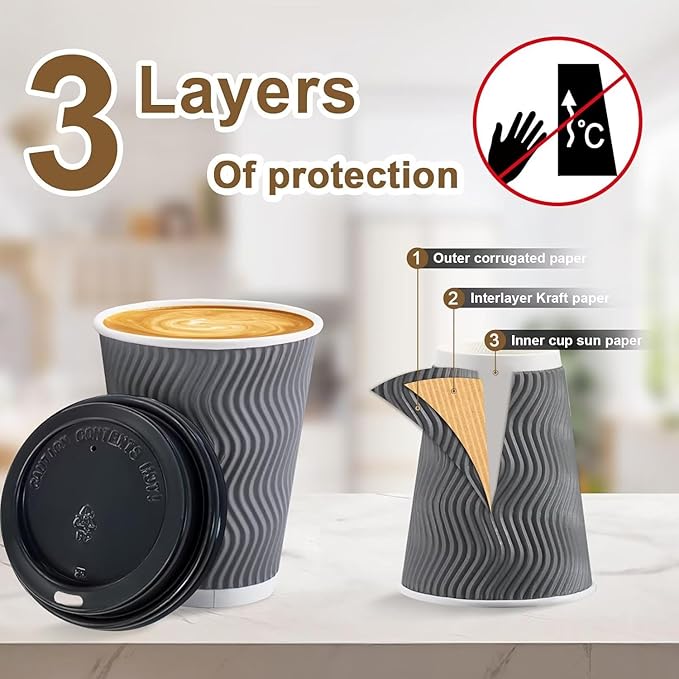 100 Pack 16 oz Disposable Coffee Cups with Lids, Insulated Ripple Wall To-Go Paper Coffee Cups Suitable for Chocolate Cocoa and Hot/Cold Drinks (Grey)