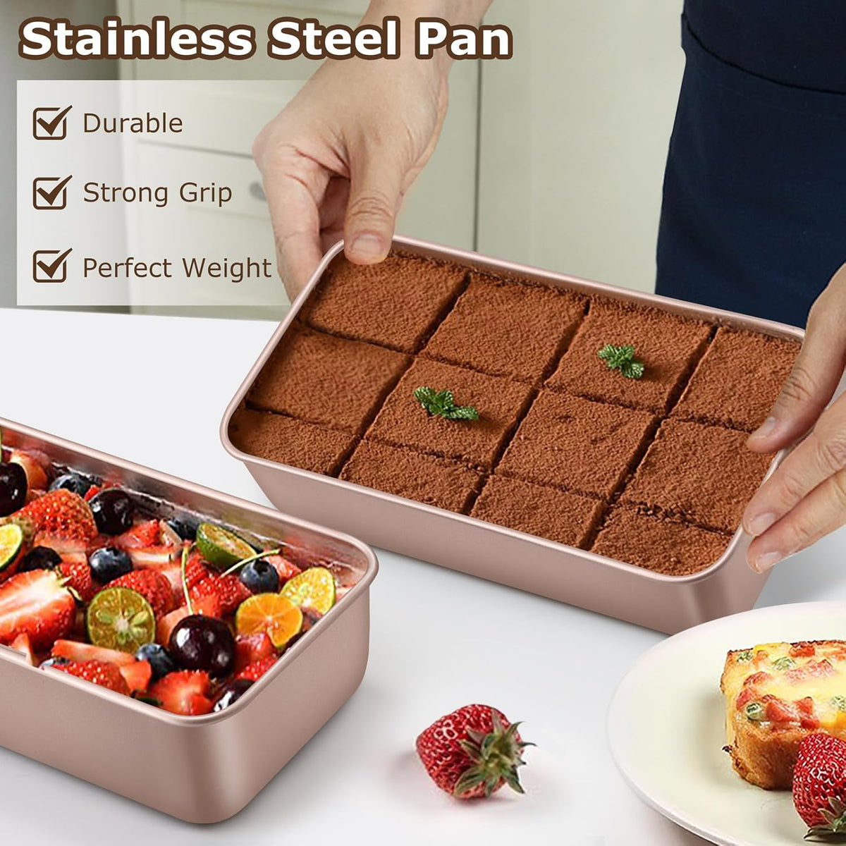 LIANYU Loaf Pans for Bread Baking, 9×5 Inch Stainless Steel Loaf Bread Tins, Non-Stick Baking Pans for Homemade Banana Sandwich Sourdough, Healthy & Sturdy, Set of 2, Rose Gold