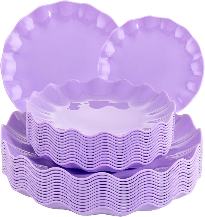 LIYH 24pcs Purple Plastic Plates Reusable, Unbreakable Dinner Plates,Scalloped Plate,Microwave & Dishwasher Safe Unbreakable Party Plate for Birthday (12Guests)