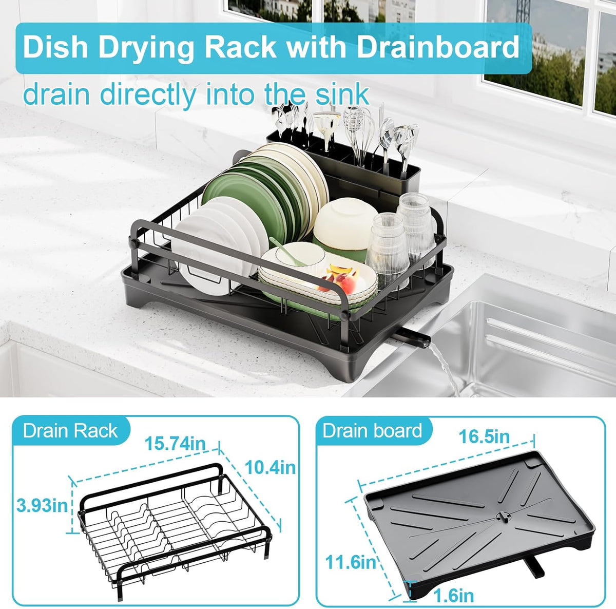 Dish Drying Rack for Kitchen Counter - Large Dish Rack with Drainboard, Rustproof Dish Drainer with Drainage Spout & Utensil Holder for Sink, Black