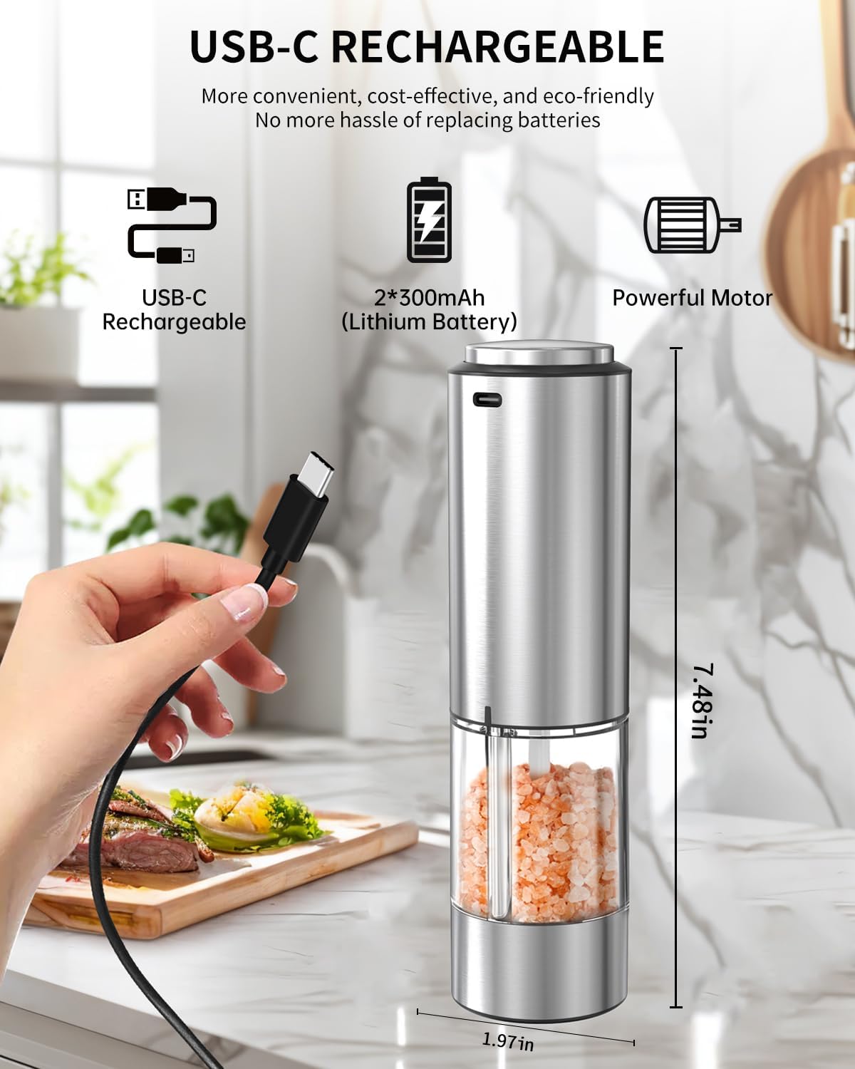 CIRCLE JOY Electric Pepper Grinder Stainless Steel Rechargeable Pepper Mill with Variable Grinding Speed, External Adjustable Coarseness, 95ml Container and White LED Light, Silver