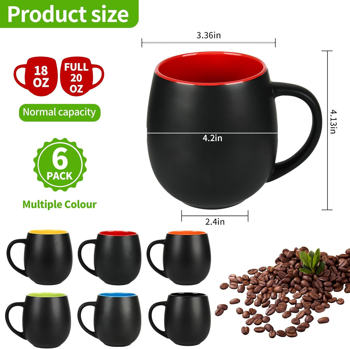 20oz ceramic Coffee Mug Sets Matte Black Porcelain Mug Multiple colors Cups for Coffee, Tea, Juice, Cocoa Set of 6 (20oz)