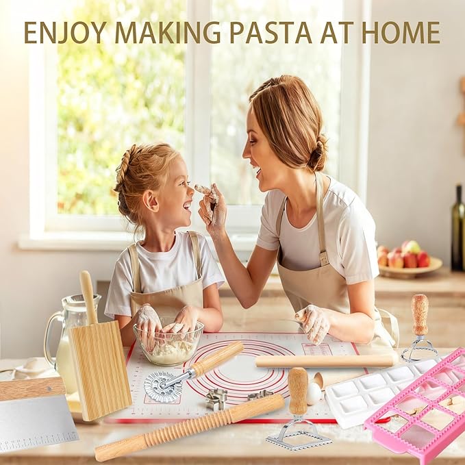 Pasta Making Tools, 10 PCS Pasta Making Kit with 1 Ravioli Maker,3 Rolling Pins,1 Gnocchi Board,1 Ravioli Cutter, 2 Pasta Stamps,1 Dough Cutter, 1 Baking Mat, for Pasta Maker And Kitchen DIY Gift