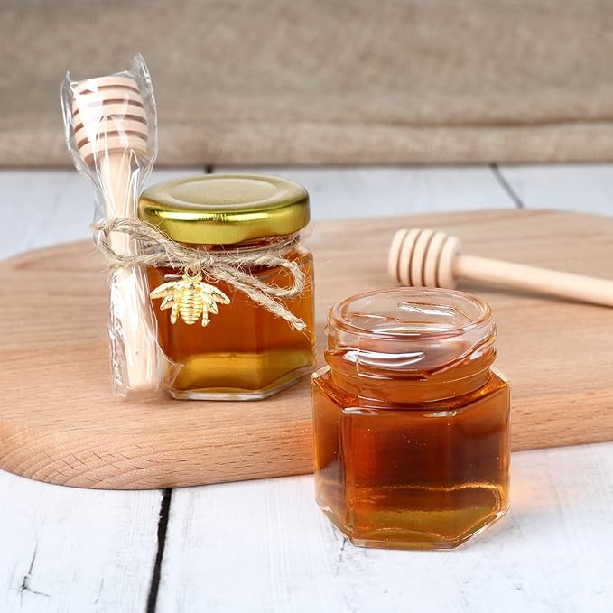 XING-RUIYANG 1.5 oz Hexagon Mini Glass Honey Jars -30Pack Honey Jars with Wood Dipper, Gold Lid, Bee Pendants, Jutes - Perfect for Baby Shower, Wedding Favors, Party Favors